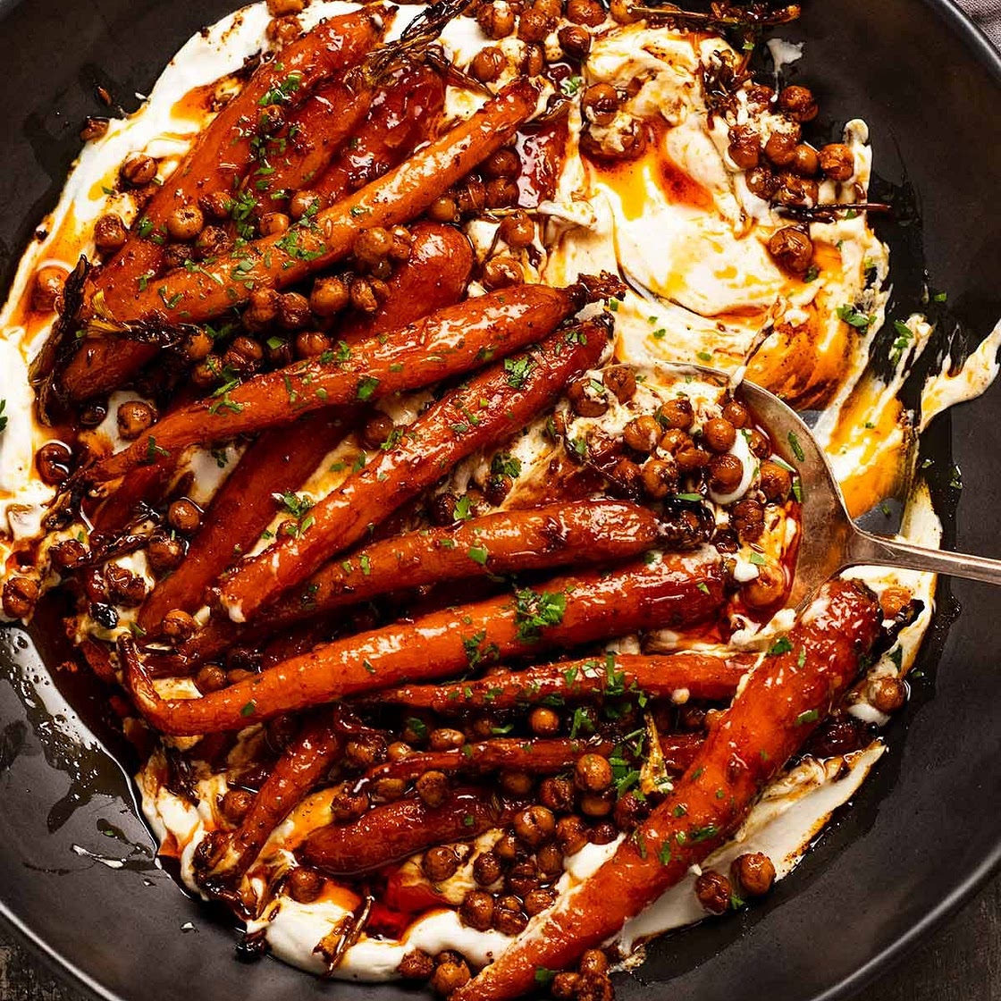 Spicy maple roast carrots with crispy chickpeas and yogurt sauce