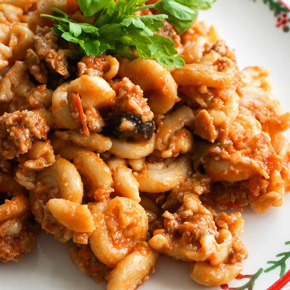 Cellentani Pasta with ground turkey and Sicilian tomato sauce