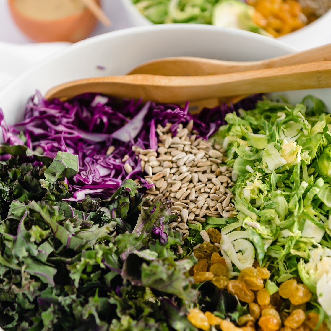 Shaved Brussels Sprouts & Kale Salad with Roasted Shallot Vinaigrette