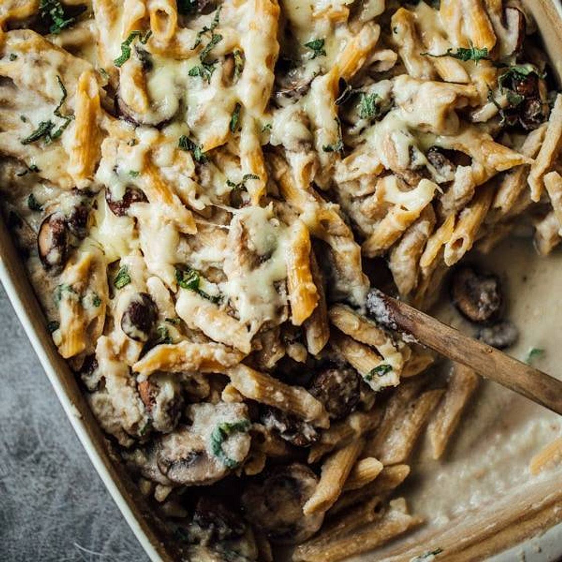 Mushroom Alfredo Penne Bake