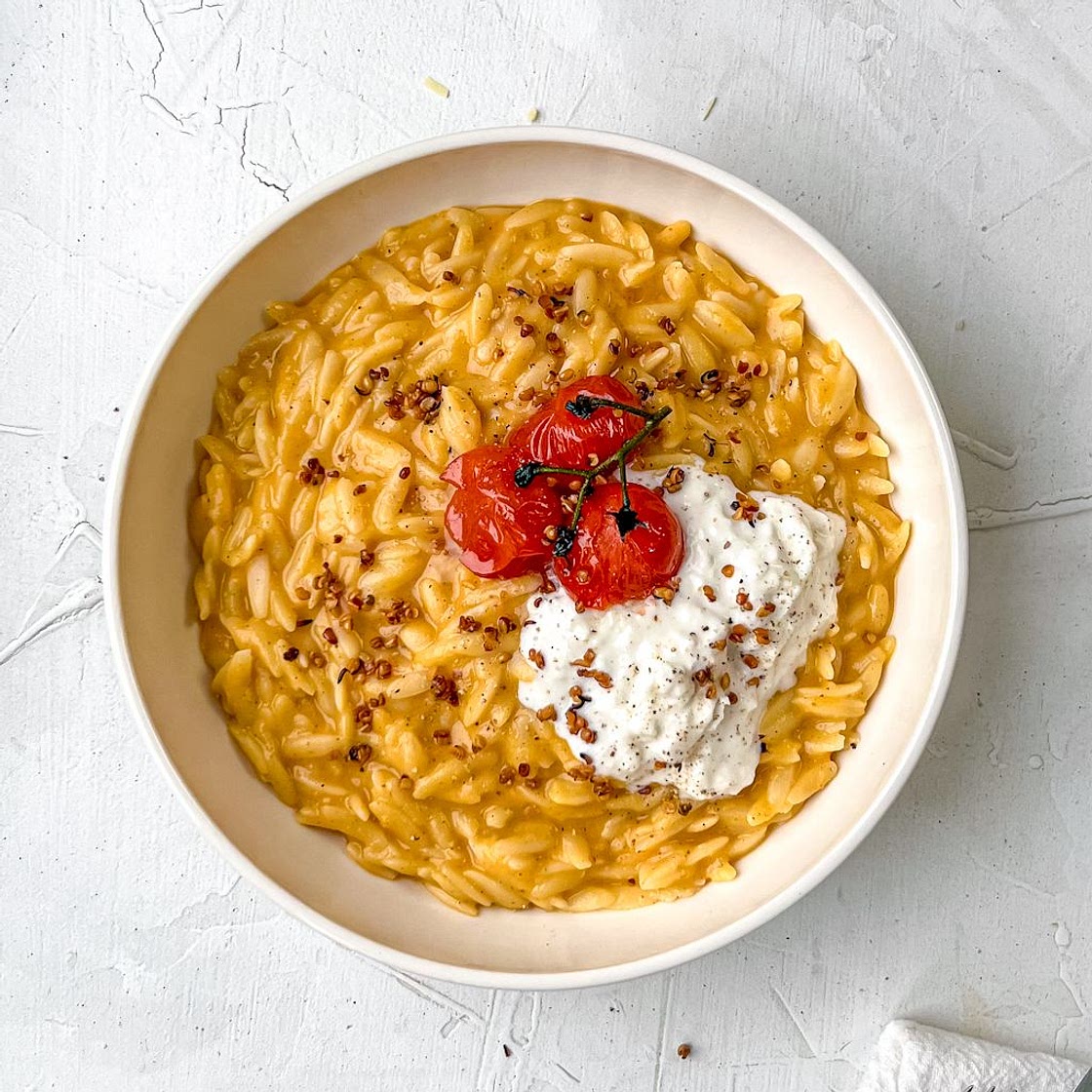 Pumpkin Orzo with Roasted Hennep Seeds