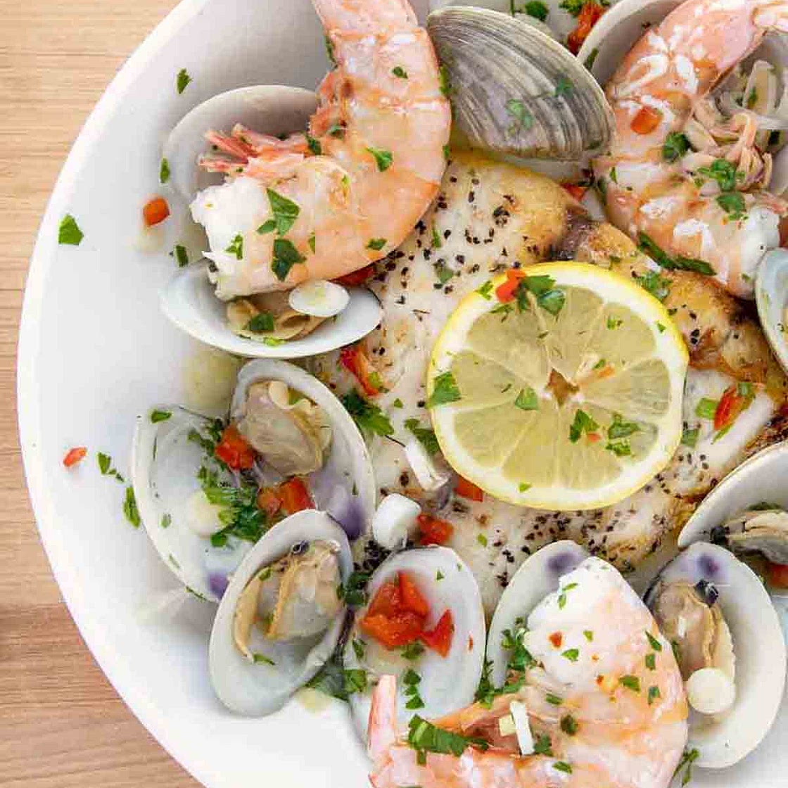 Pan-Seared Barramundi with Clams & Shrimp