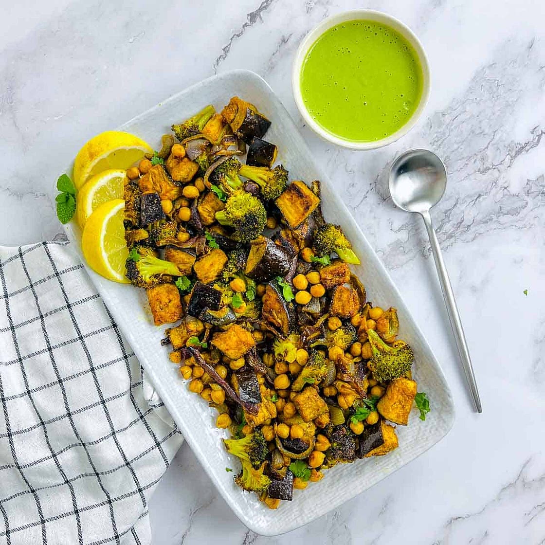 Roasted Broccoli, Eggplant, and Chickpeas