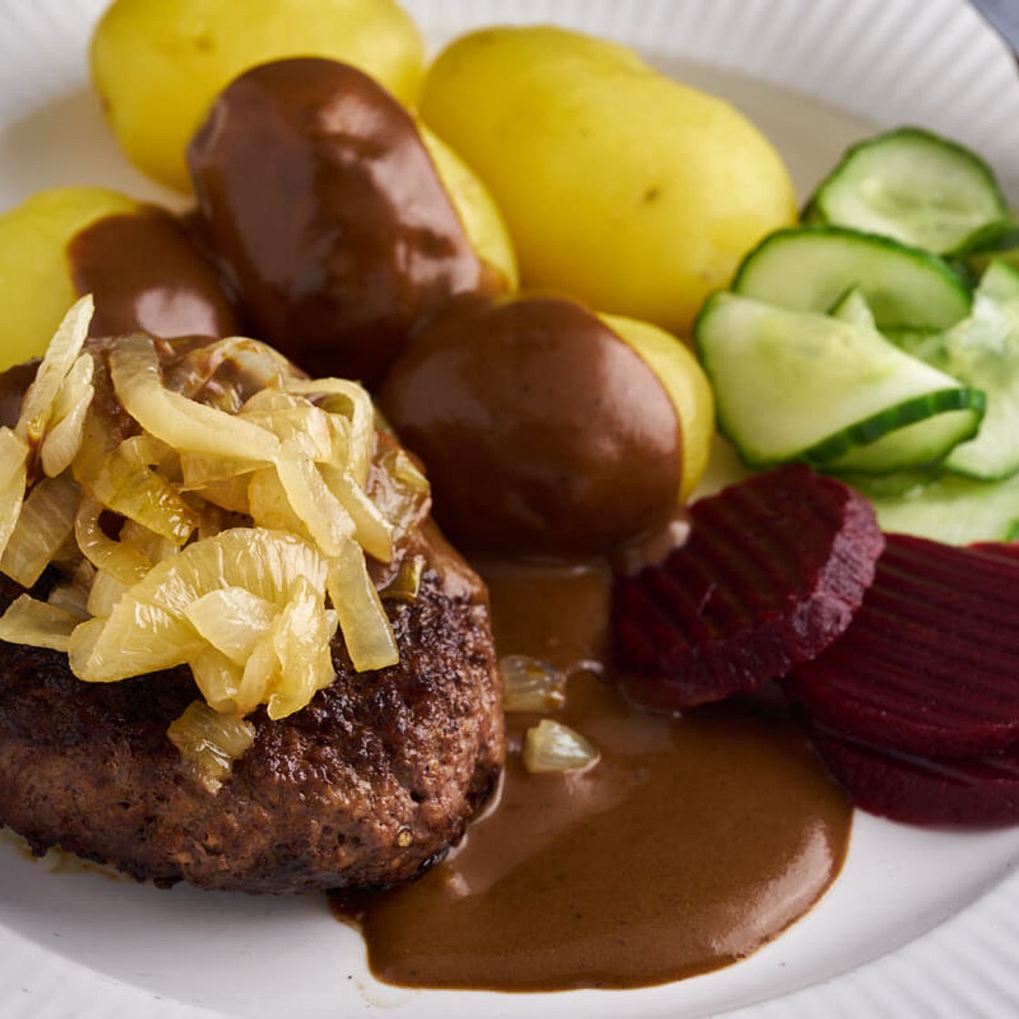 Danish beef patties with caramelized onions