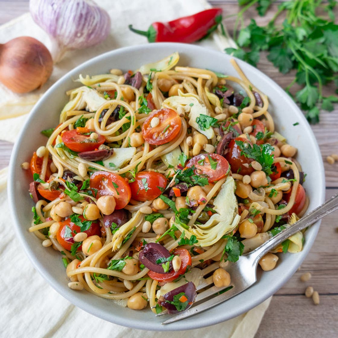 Puttanesca Pasta Salad with Garbanzo Beans & Artichokes