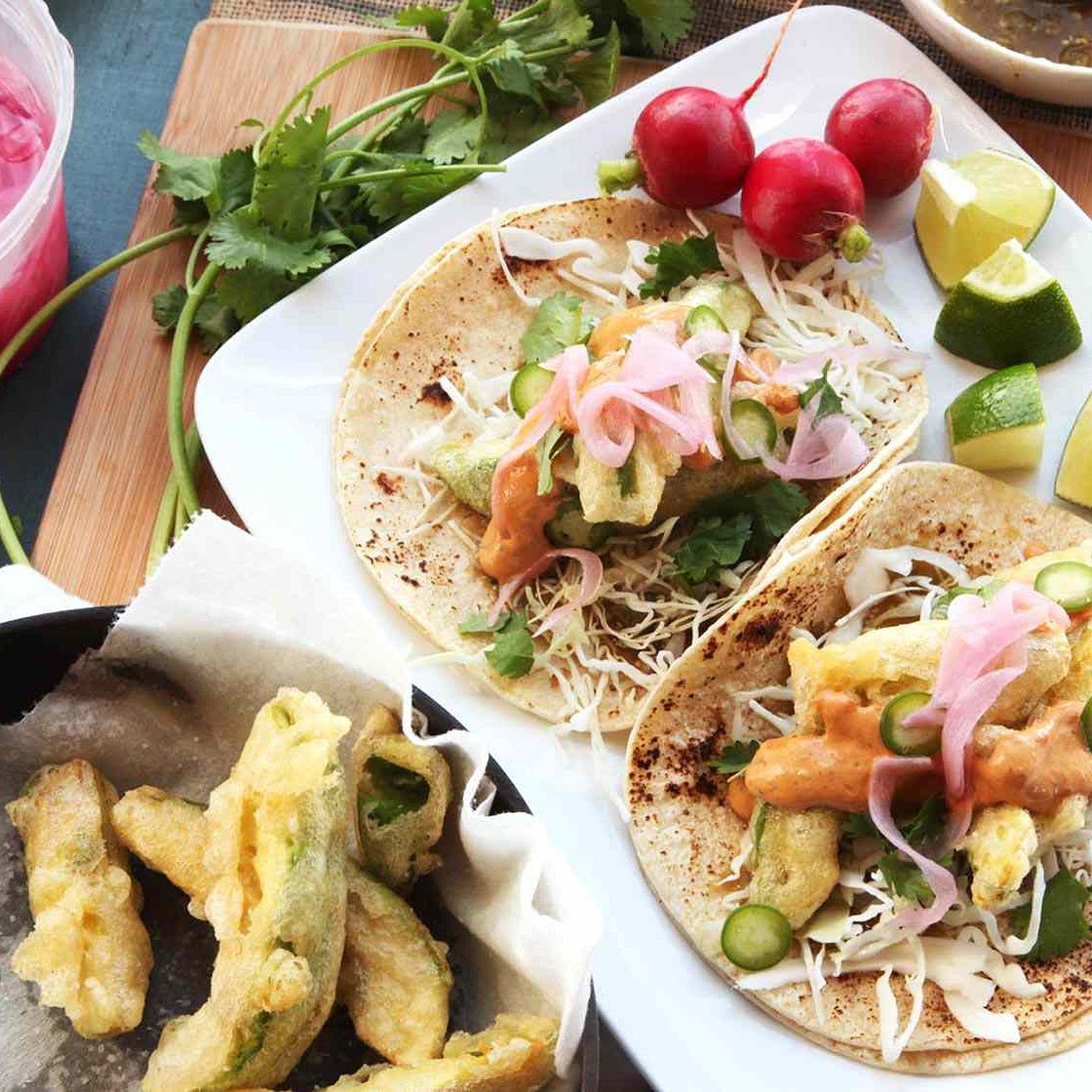 Fried-Avocado Tacos With Chipotle Cream, Cabbage, and Pickled Red Onions Recipe