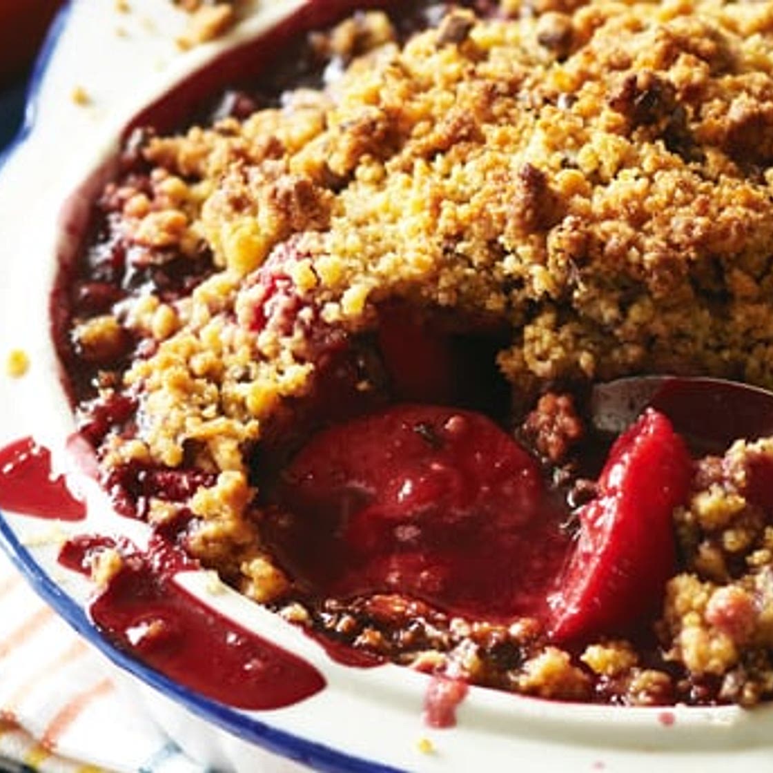 Tamarillo with almond and chocolate crumble