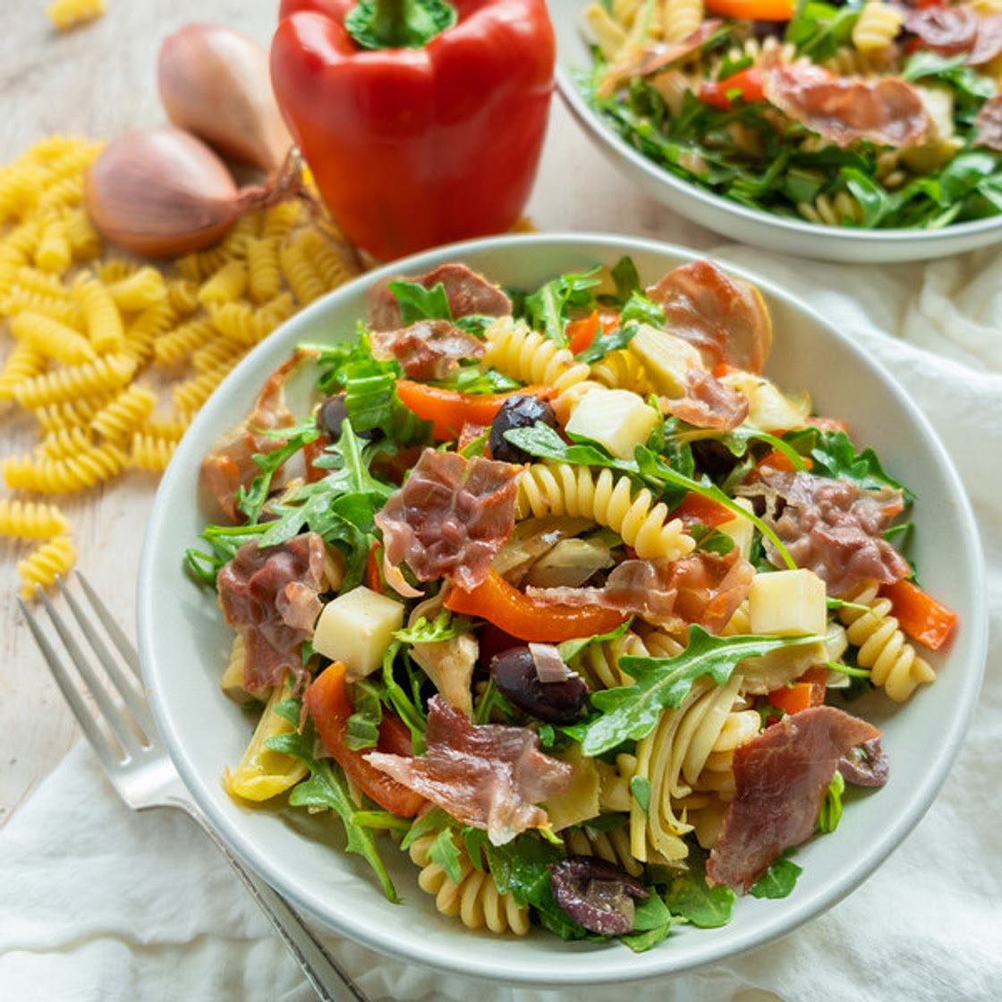 Antipasto Pasta Salad with Crispy Prosciutto, Artichokes & Mozzarella