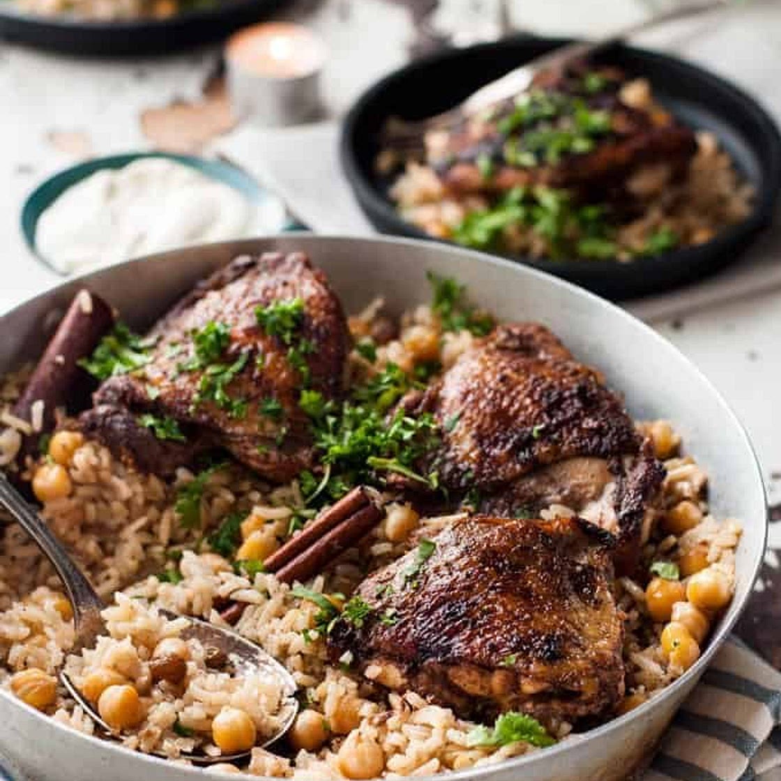 One Skillet Oven Baked Chicken Shawarma and Rice Pilaf