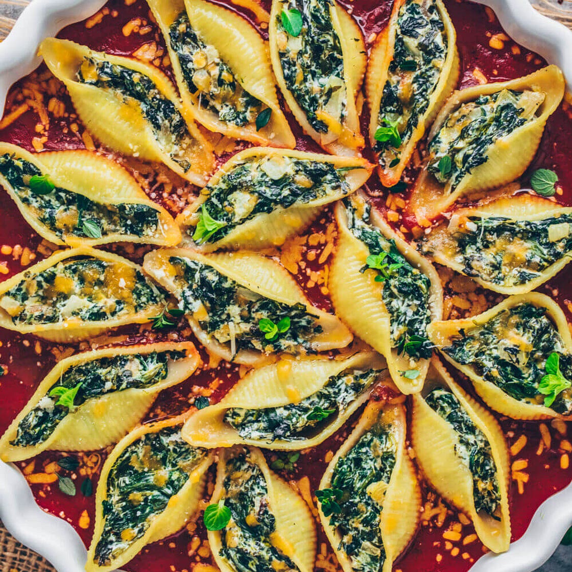 Vegan Stuffed Pasta Shells with Spinach Cream