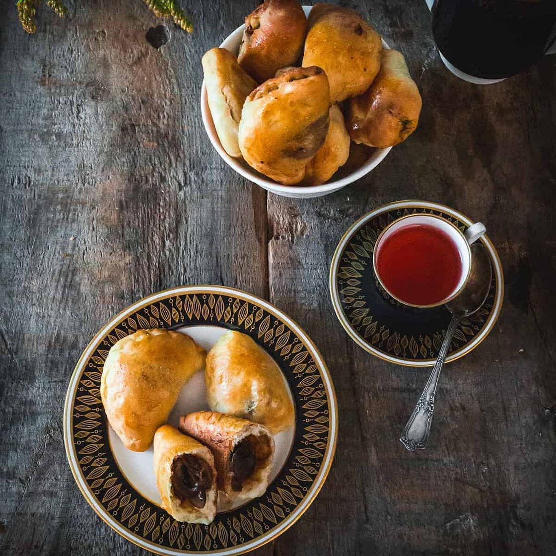 Authentic Vegetarian Russian Pirozhki with Three Fillings (Mushroom Pirozhki, Cabbage Pirozhki and Pumpkin pirozhki with feta and caramelized onion)