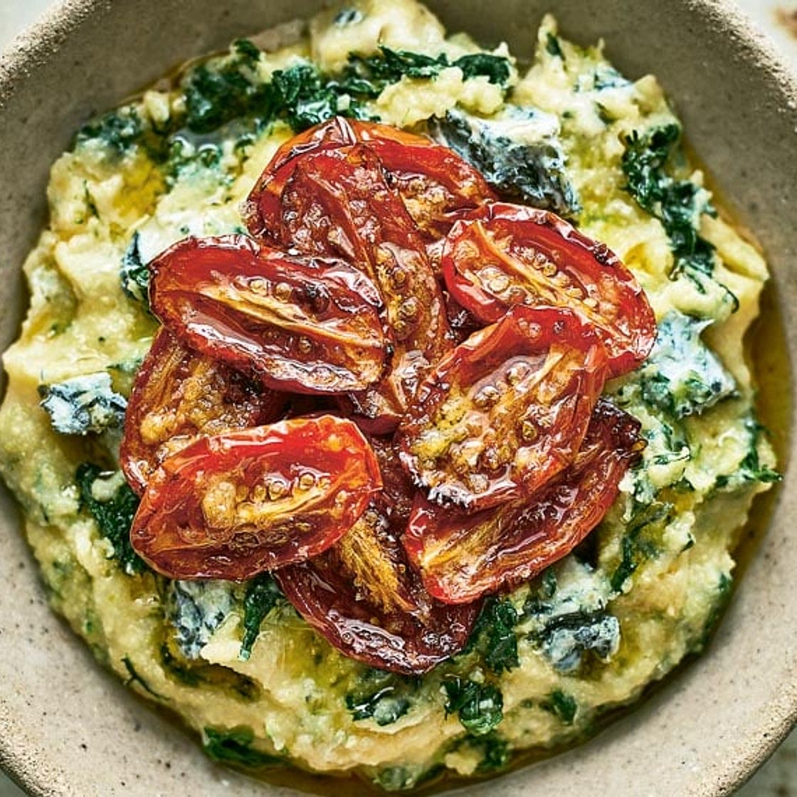 Spinach and Blue Cheese Polenta with Slow-Roasted Tomatoes