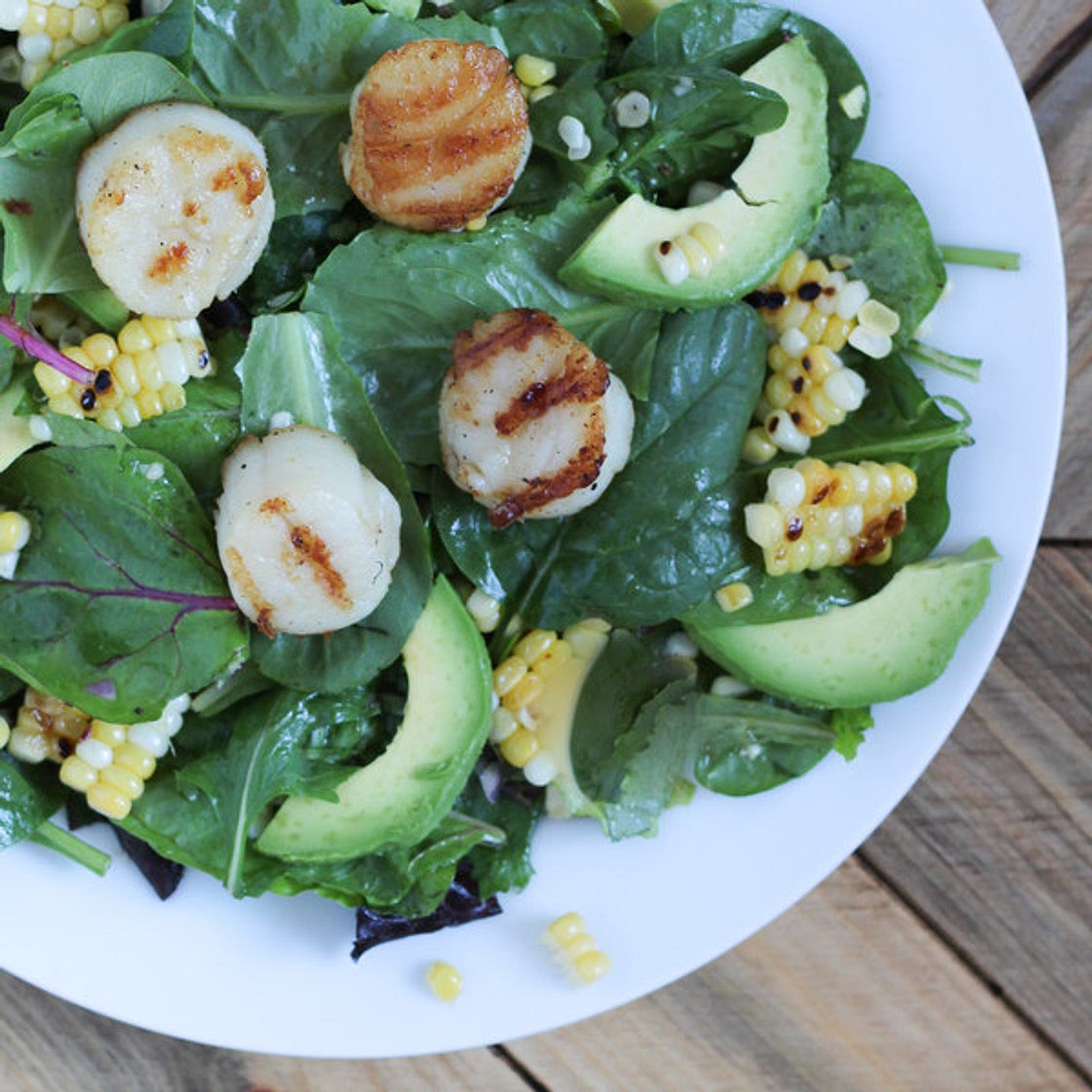 Grilled Scallops with Corn, Lime and Avocado Salad