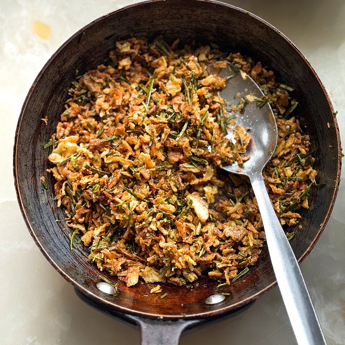 Blistered green bean casserole with parmesan and rosemary