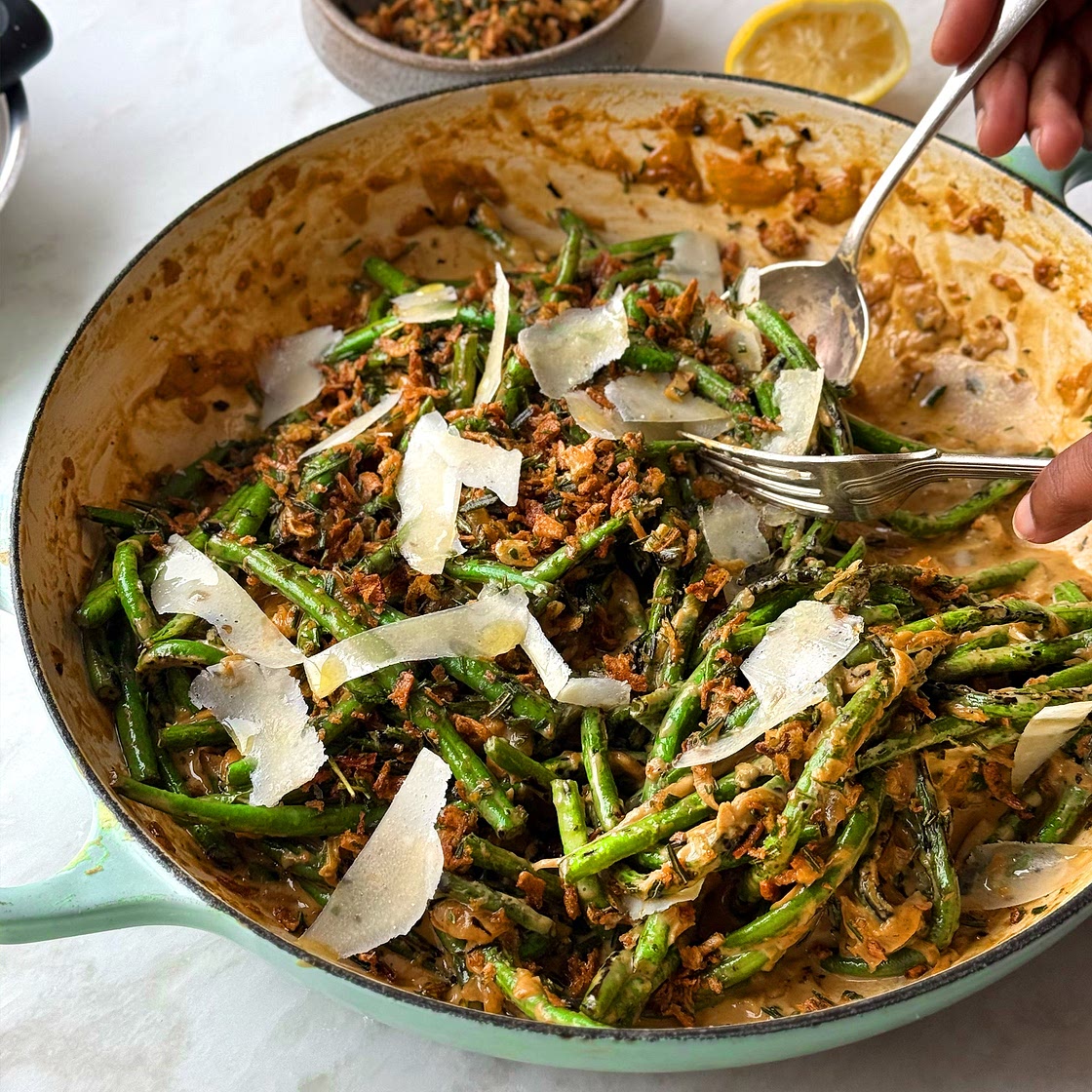 Blistered green bean casserole with parmesan and rosemary
