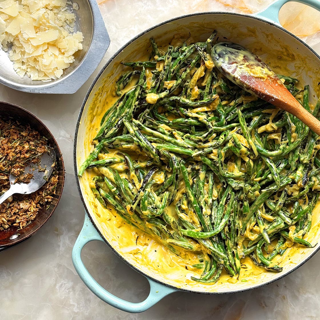 Blistered green bean casserole with parmesan and rosemary