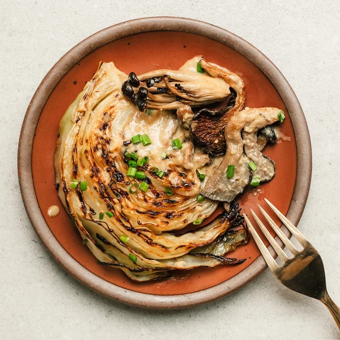 Charred Cabbage with Creamy Miso Mushrooms