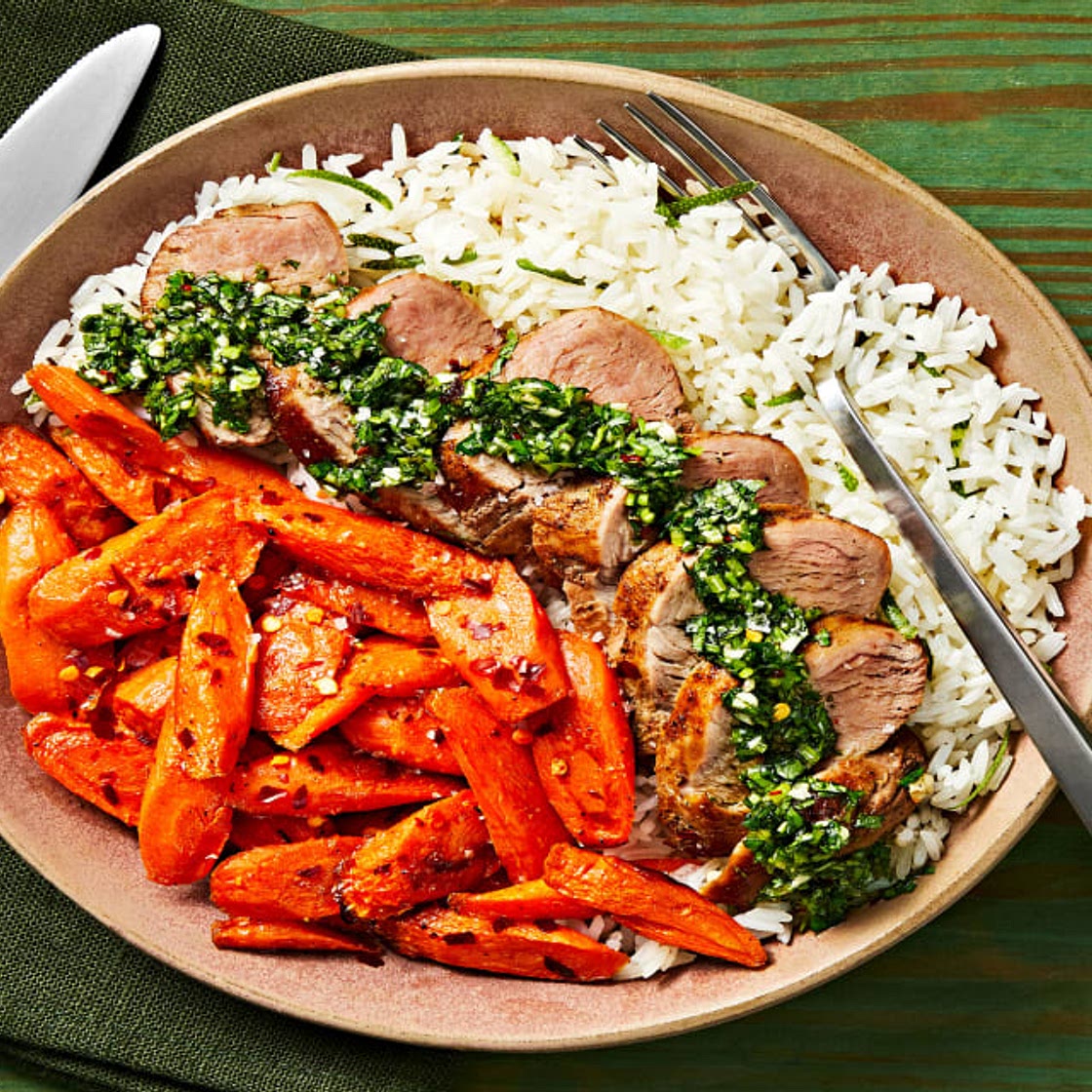 Chimichurri Pork Tenderloin with Honey-Roasted Carrots & Lime Rice
