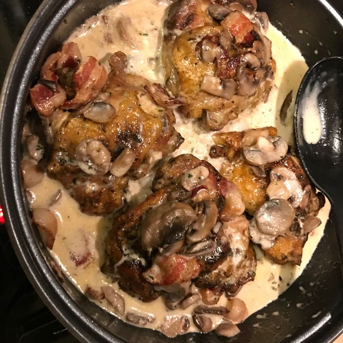 Chicken Thighs with Creamy Bacon Mushroom Thyme Sauce