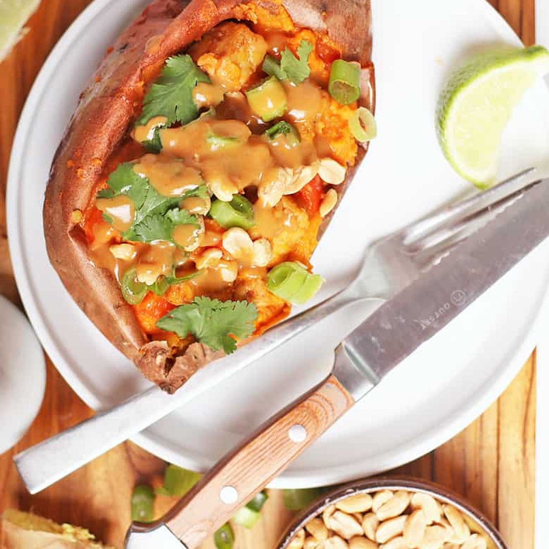 Stuffed Sweet Potatoes with Peanut-Ginger Tempeh