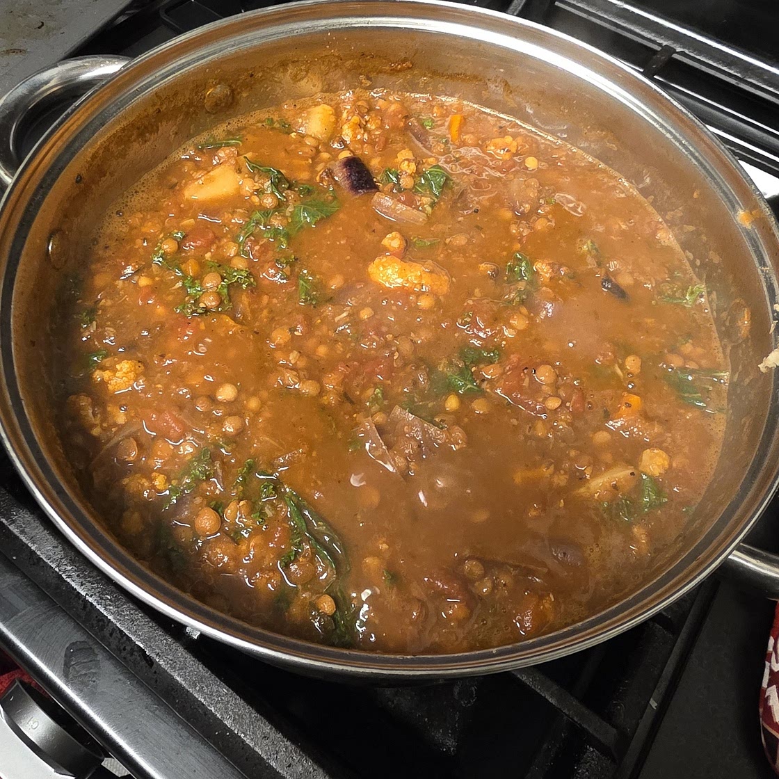 Roasted Garlic Vegetable Stew with Red Lentils and Tomatoes