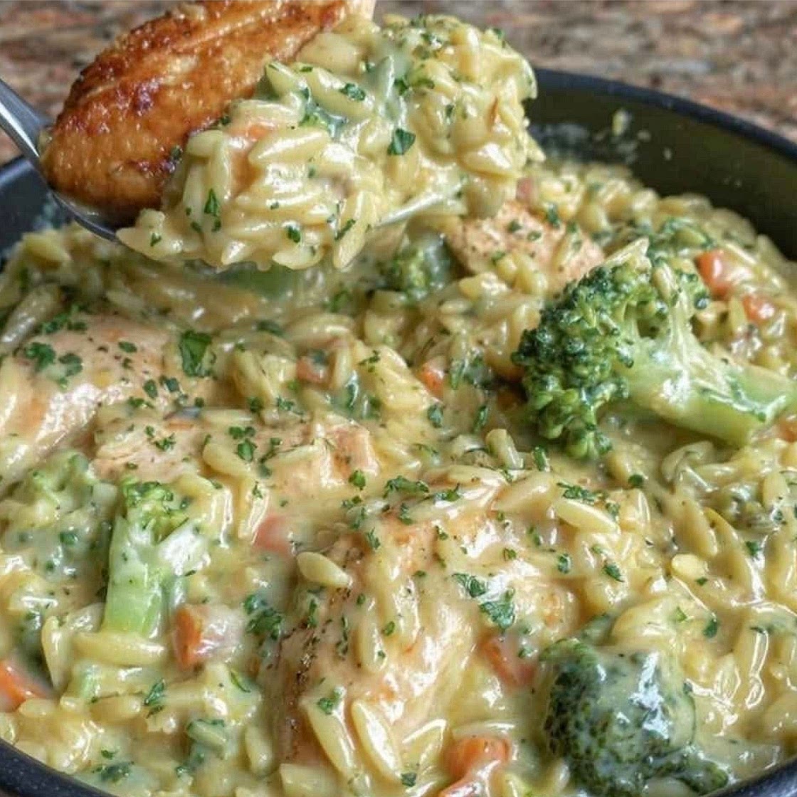 Creamy Cheddar Chicken & Broccoli Orzo Skillet