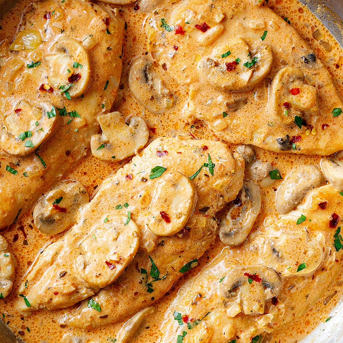 Creamy Garlic Parmesan Chicken Breasts﻿ with Mushrooms