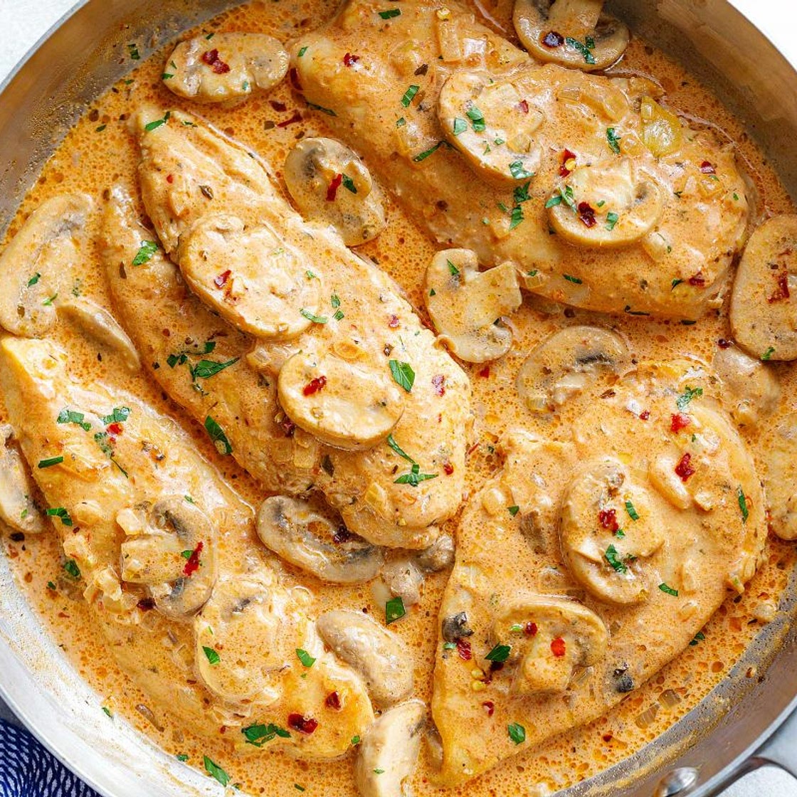 Creamy Garlic Parmesan Chicken Breasts﻿ with Mushrooms