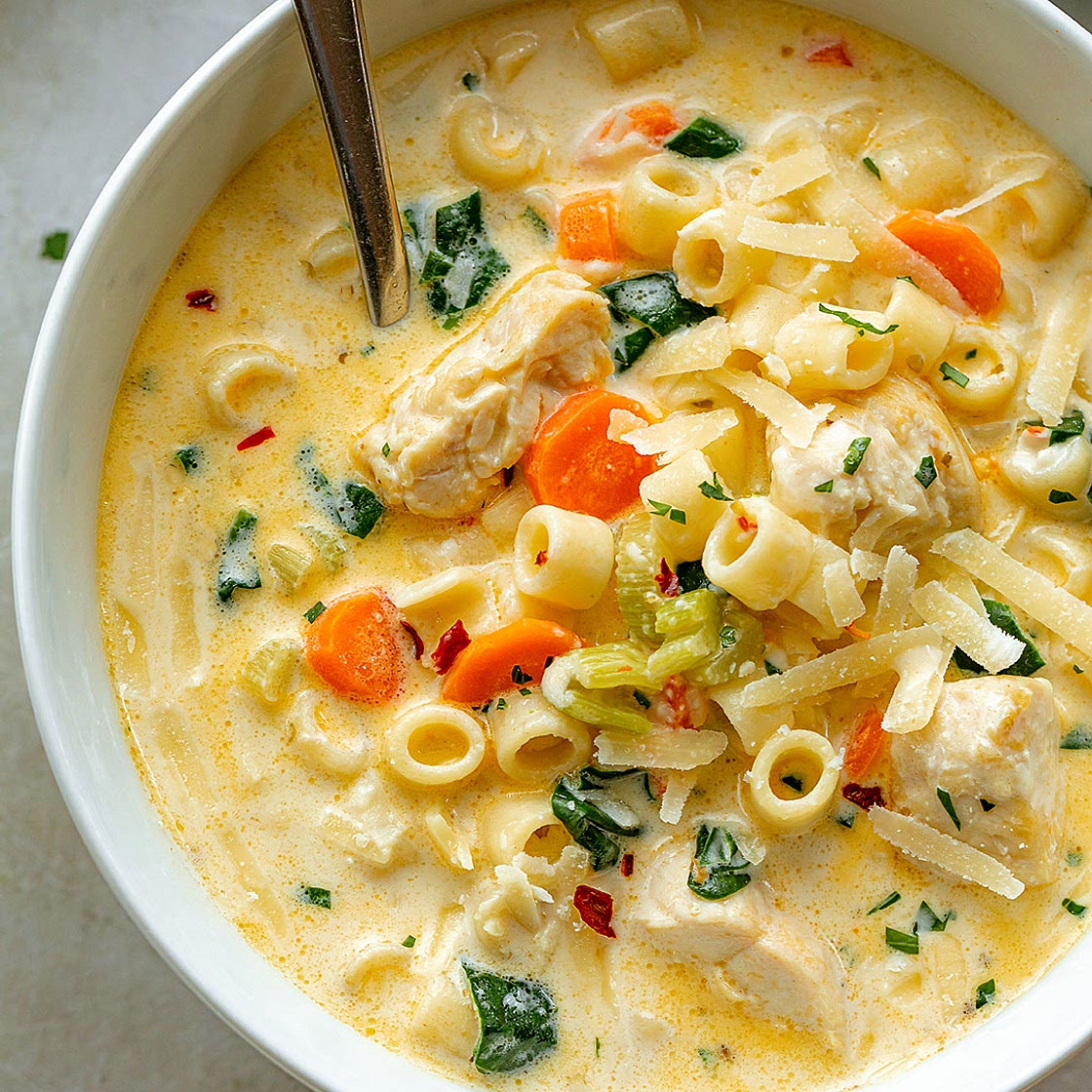 Creamy Chicken Soup with Pasta and Spinach