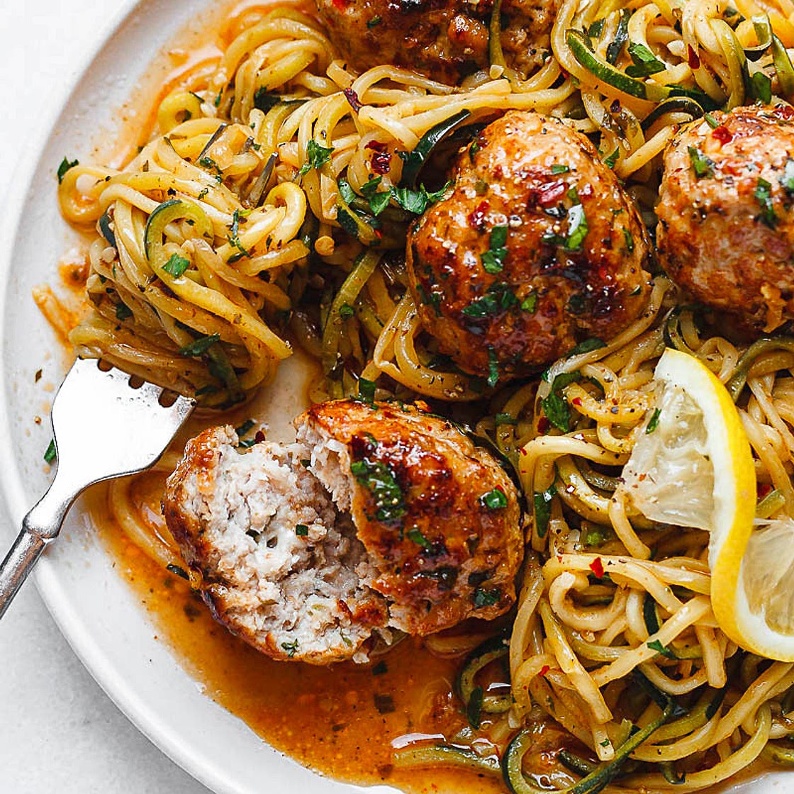 Garlic Butter Turkey Meatballs with Zucchini Noodles