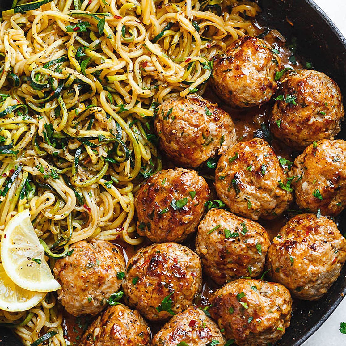 Garlic Butter Turkey Meatballs with Zucchini Noodles