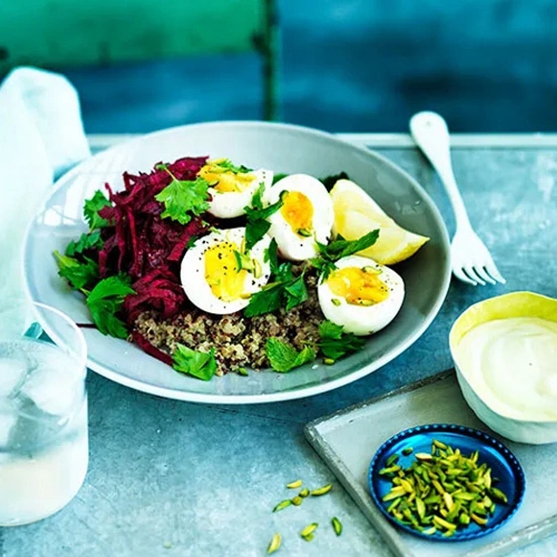 Quinoa pilaf with beetroot, egg and tahini yoghurt