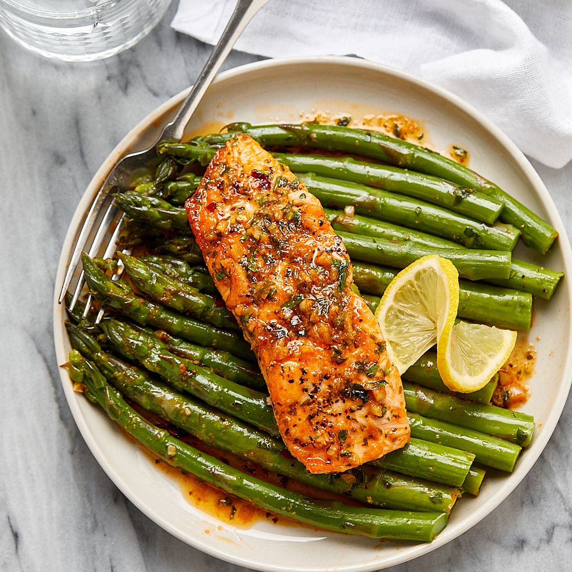 Garlic Butter Salmon with Lemon Asparagus