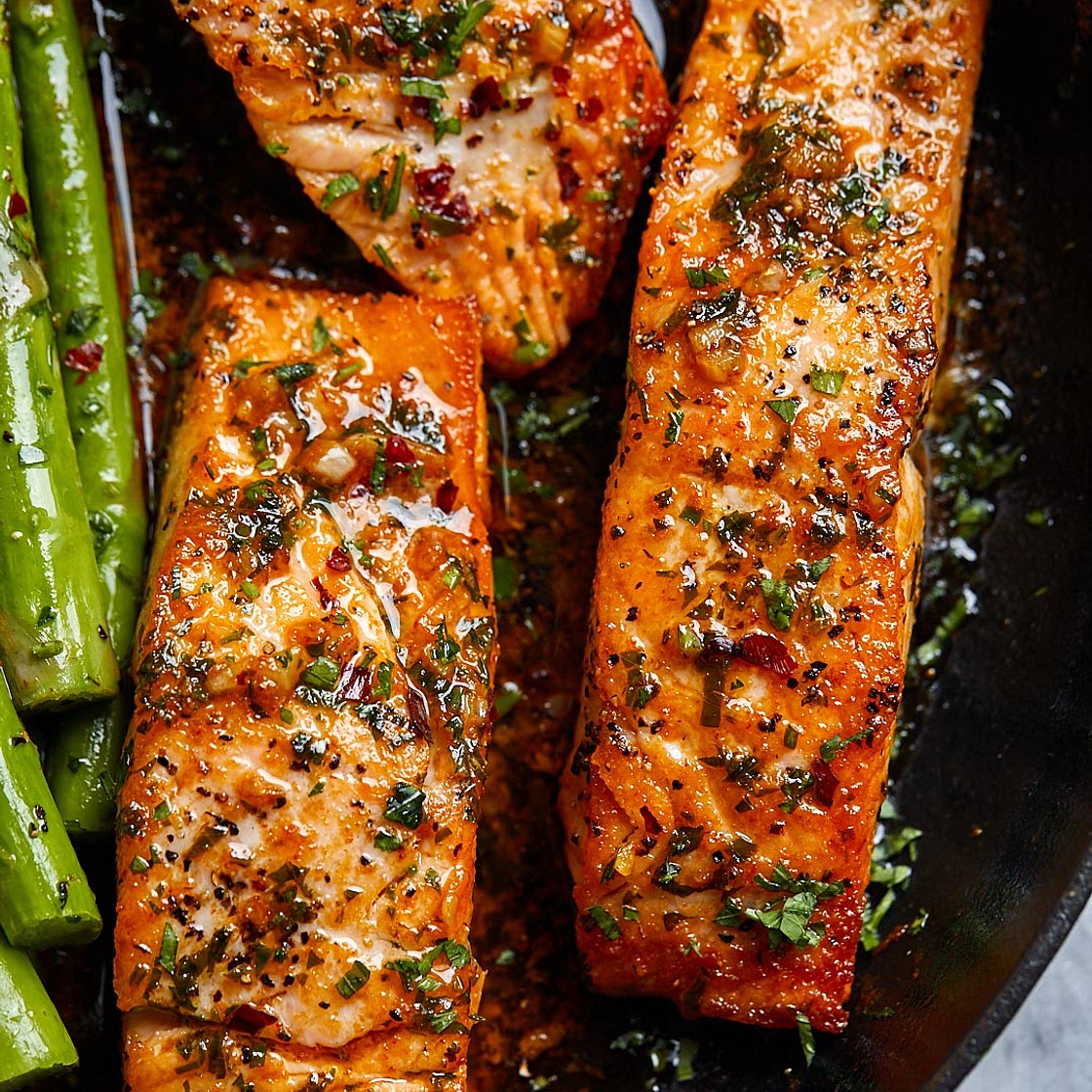 Garlic Butter Salmon with Lemon Asparagus