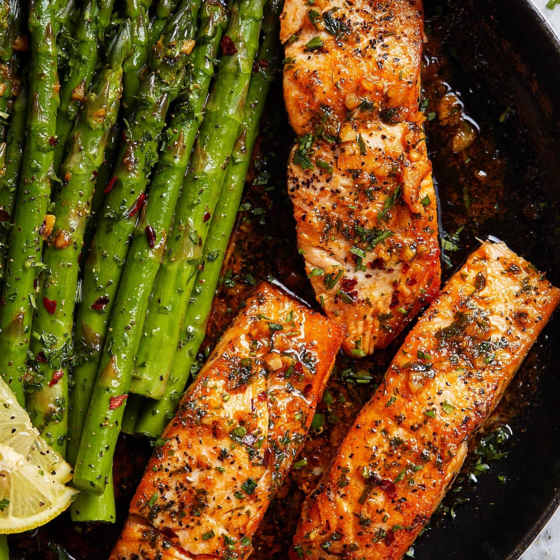 Garlic Butter Salmon with Lemon Asparagus