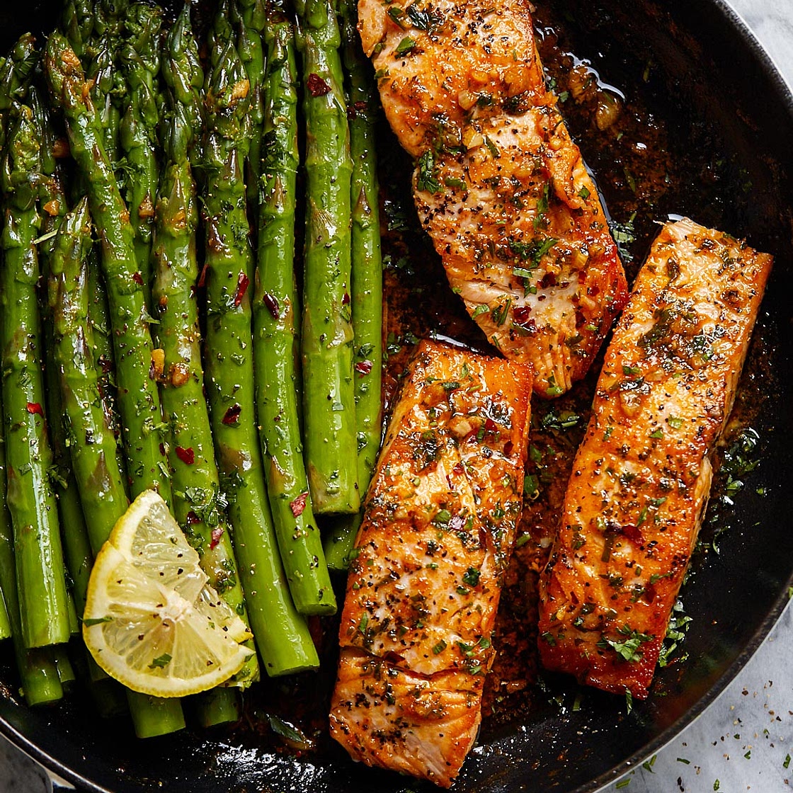 Garlic Butter Salmon with Lemon Asparagus