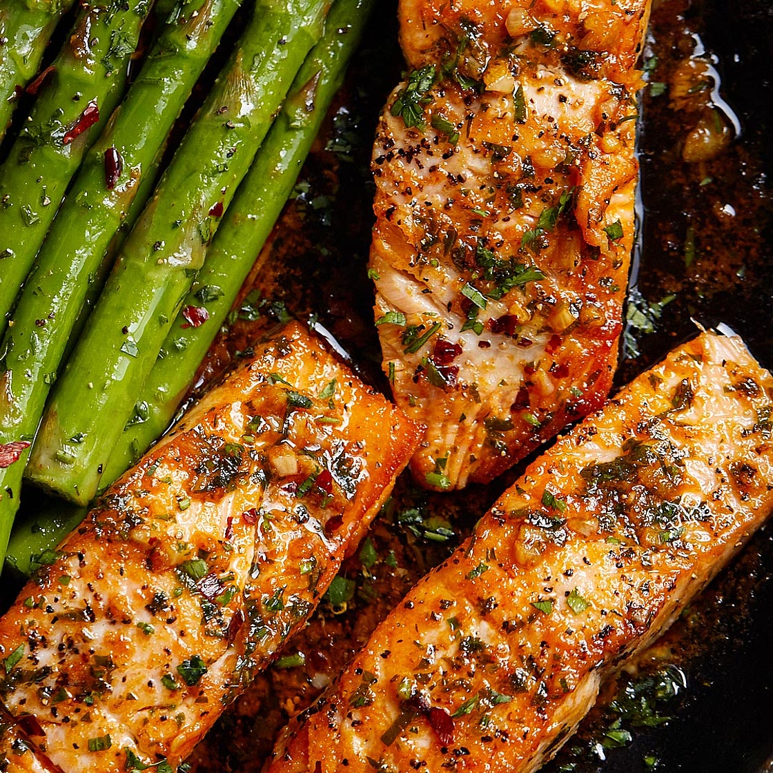 Garlic Butter Salmon with Lemon Asparagus