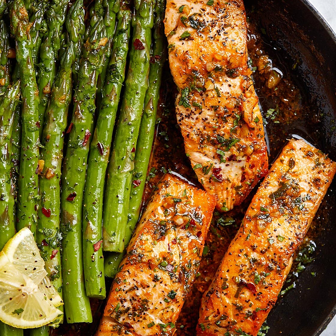 Garlic Butter Salmon with Lemon Asparagus