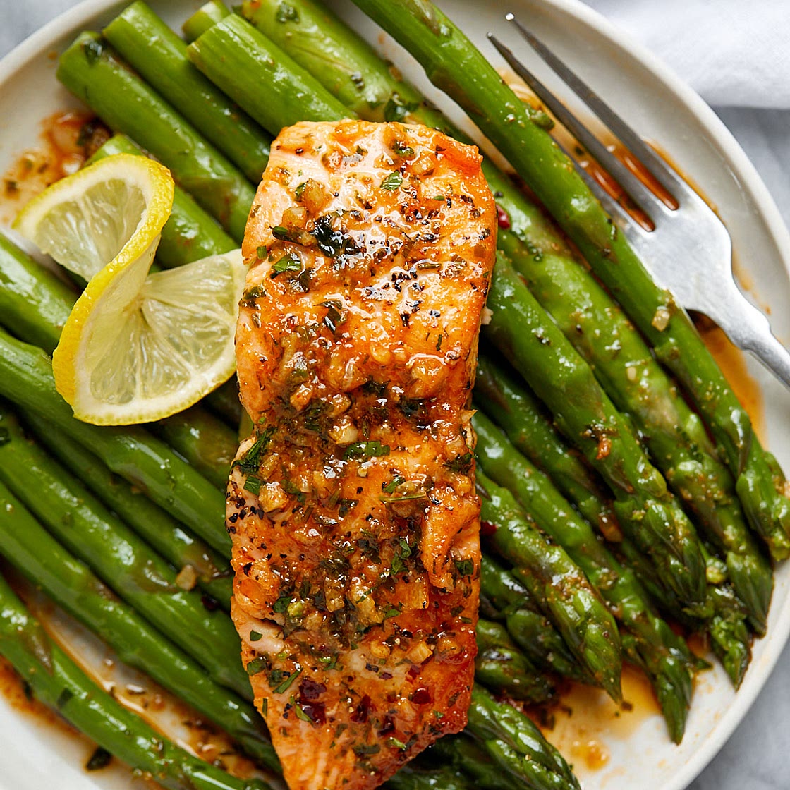 Garlic Butter Salmon with Lemon Asparagus