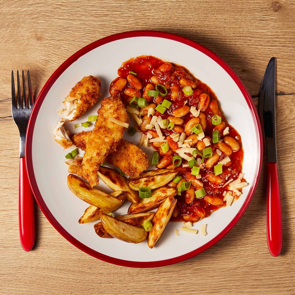 Homemade Chicken Goujons & Cheesy Beans
