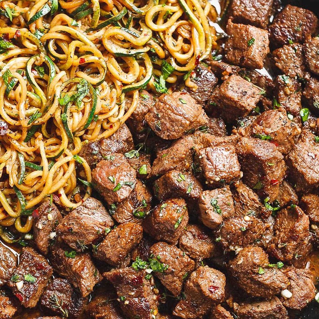 Garlic Butter Steak Bites with Lemon Zucchini Noodles