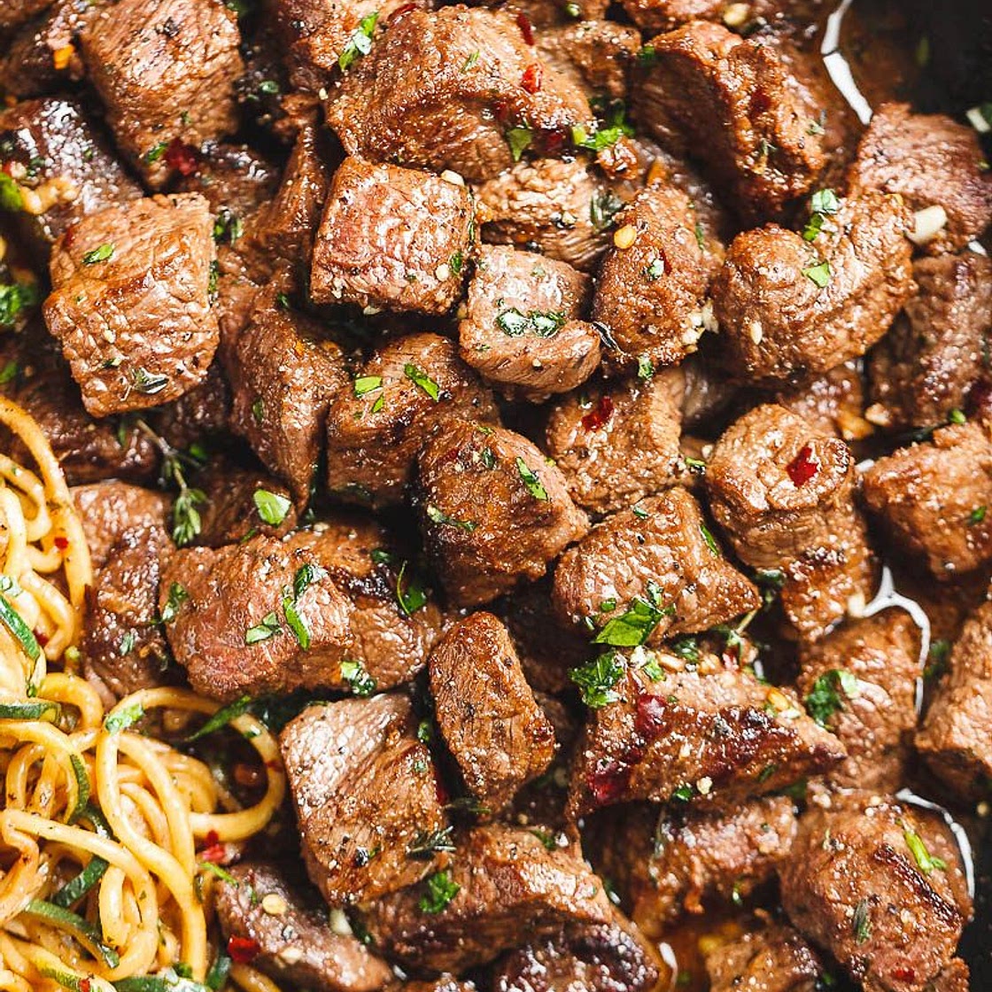 Garlic Butter Steak Bites with Lemon Zucchini Noodles