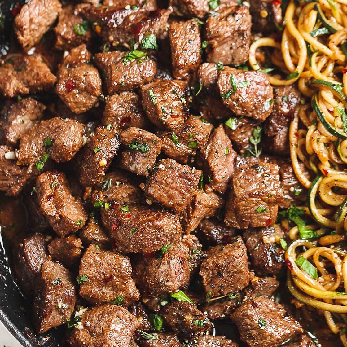 Garlic Butter Steak Bites with Lemon Zucchini Noodles