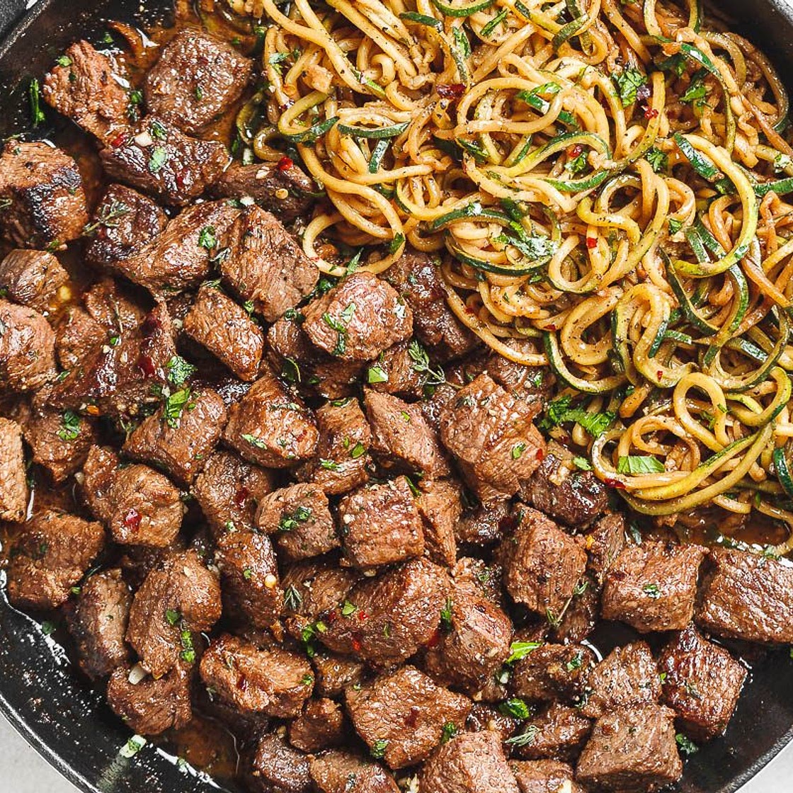 Garlic Butter Steak Bites with Lemon Zucchini Noodles