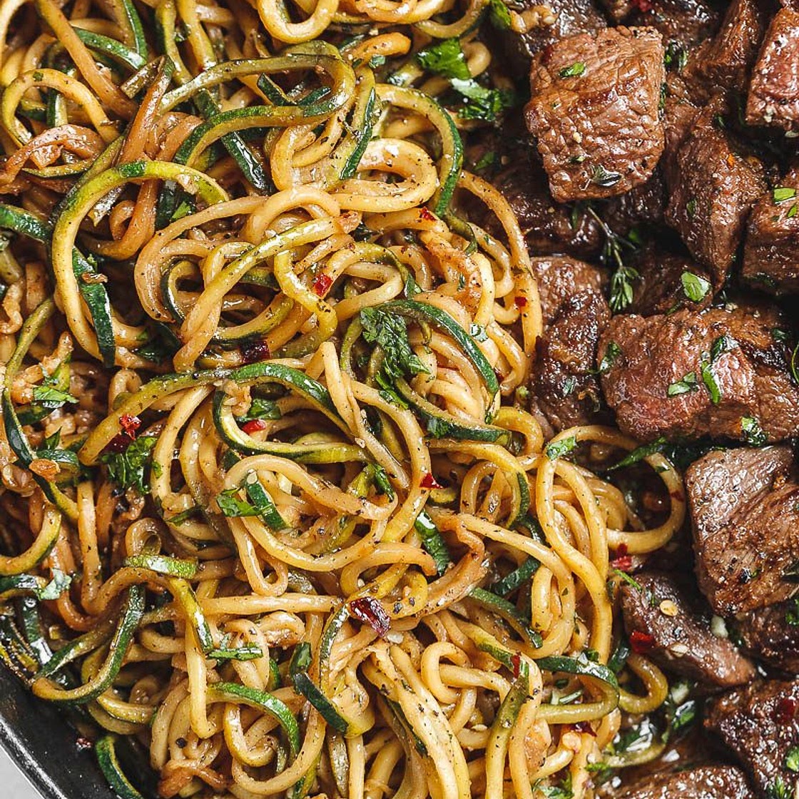 Garlic Butter Steak Bites with Lemon Zucchini Noodles