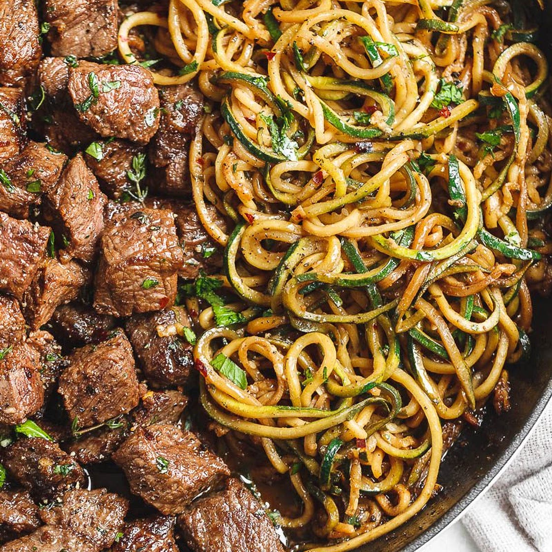 Garlic Butter Steak Bites with Lemon Zucchini Noodles