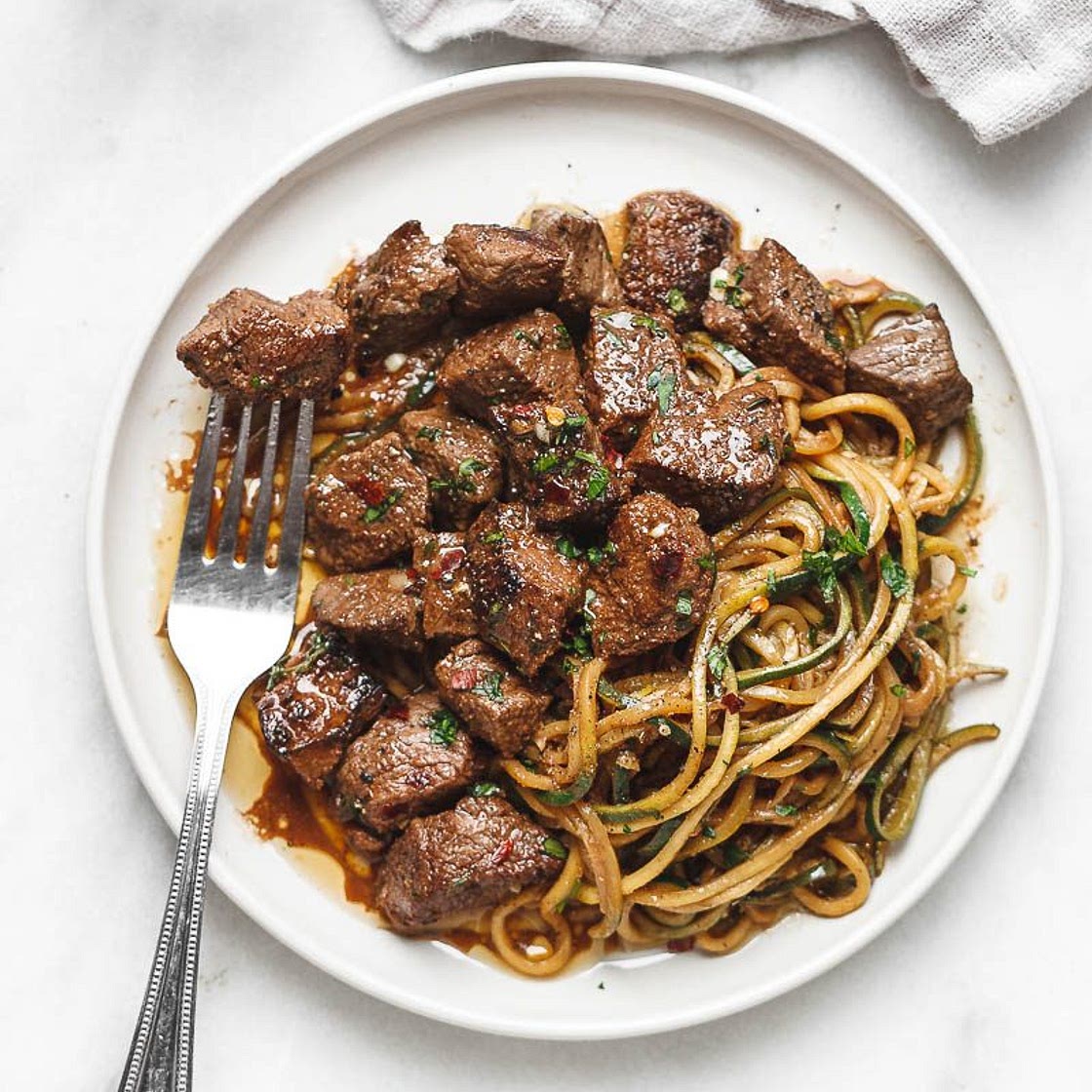 Garlic Butter Steak Bites with Lemon Zucchini Noodles