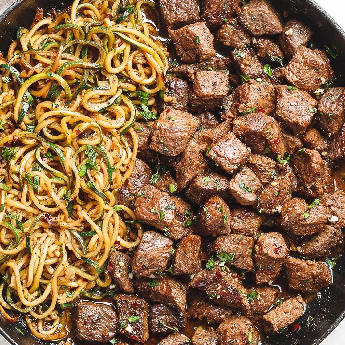 Garlic Butter Steak Bites with Lemon Zucchini Noodles