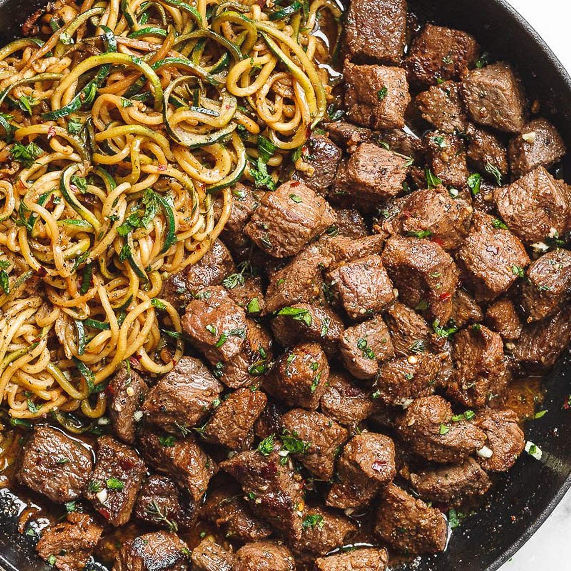 Garlic Butter Steak Bites with Lemon Zucchini Noodles