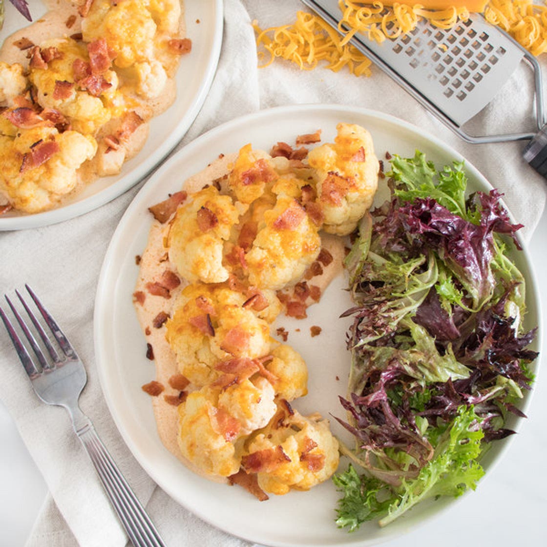 Cauliflower-Bacon "Mac & Cheese" Gratin with Mixed Greens